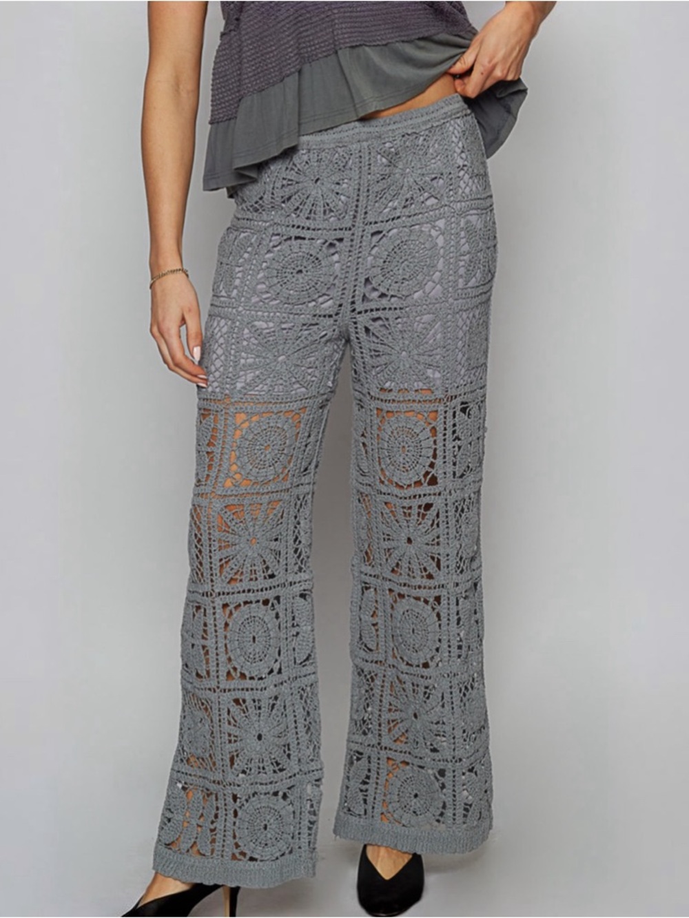 NWT POL Bohemian Gray Crochet Wide Leg Pants One Size